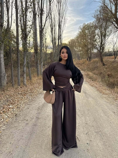 Satin Two Piece Set Ruched Top Wide Leg Pants
