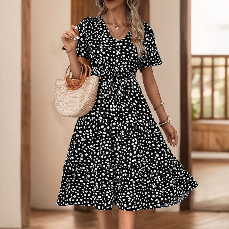 Leopard Print Tiered Midi Dress V Neck Summer Vacation Dress