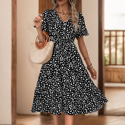Leopard Print Tiered Midi Dress V Neck Summer Vacation Dress