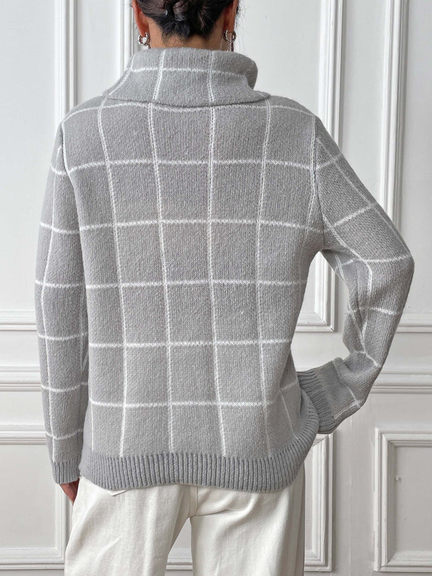 Women's Long Sleeve Bottom Shirt Contrast Checked Turtleneck