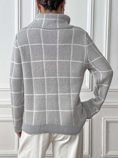 Women's Long Sleeve Bottom Shirt Contrast Checked Turtleneck