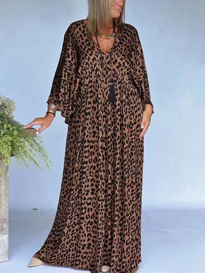 Leopard Print Maxi Dress V-Neck Batwing Sleeve
