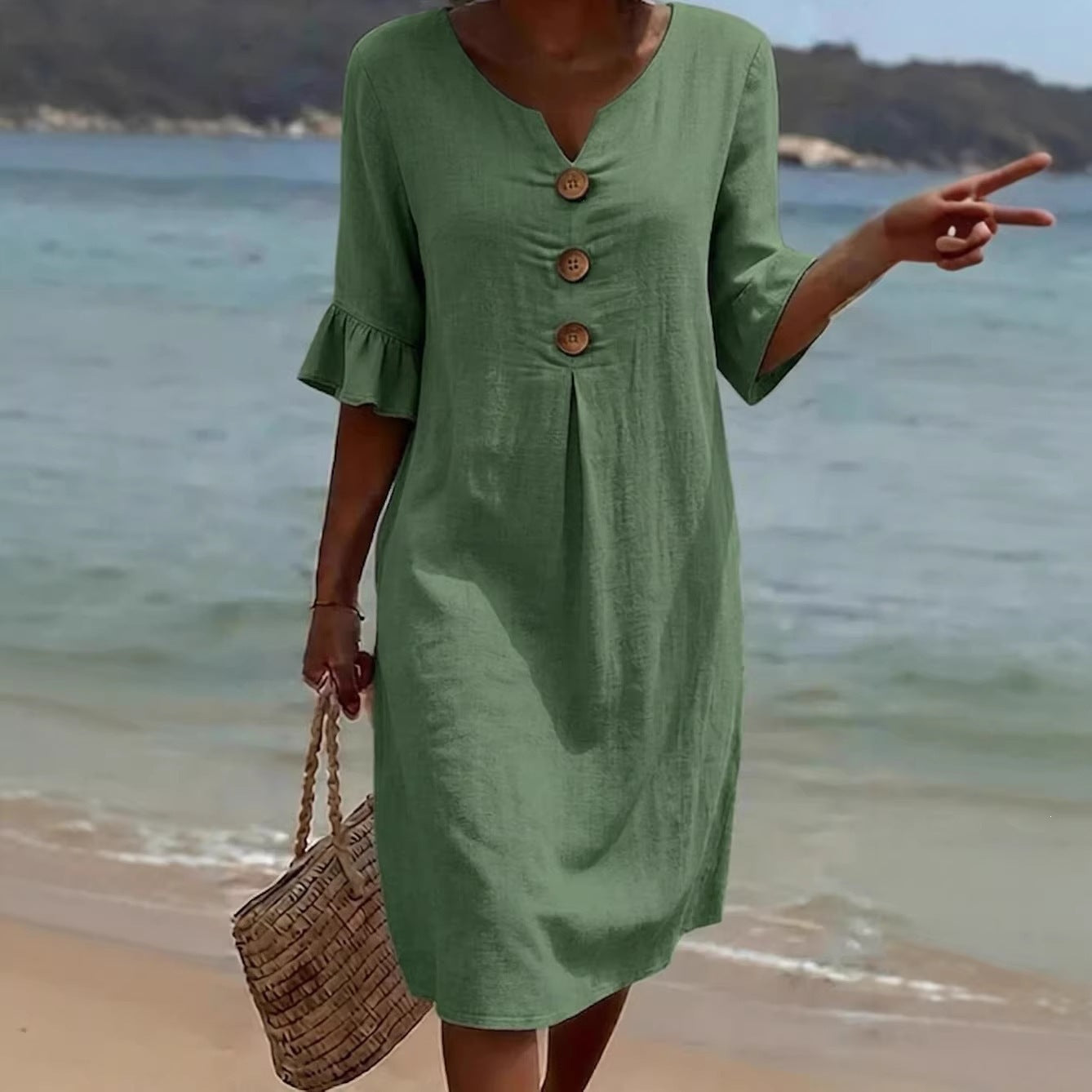 Women's Linen V-Neck Button Ruffle Sleeve Midi Dress