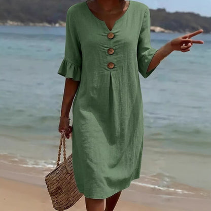 Women's Linen V-Neck Button Ruffle Sleeve Midi Dress