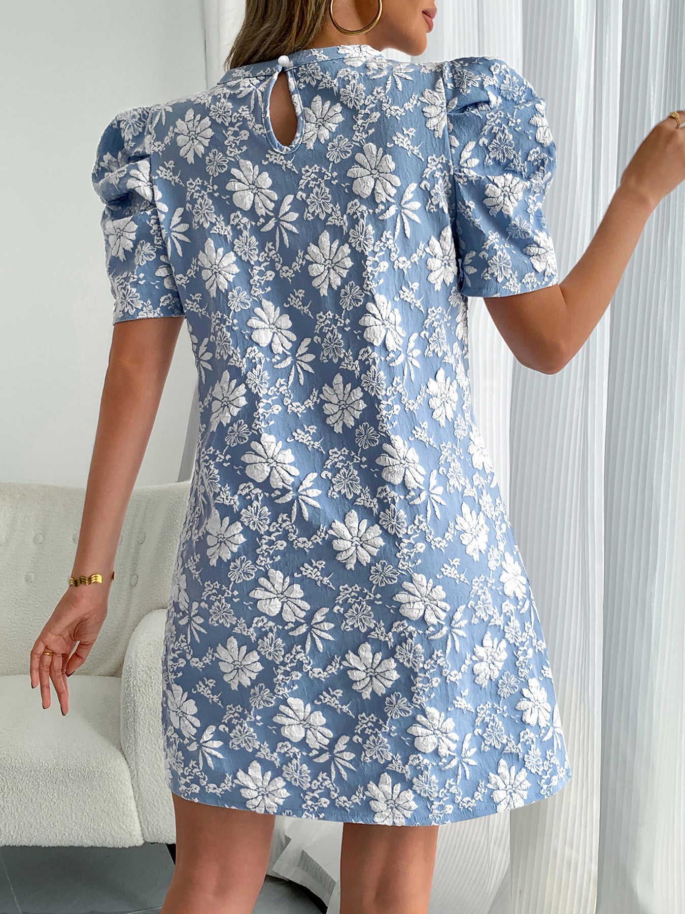 Puff Sleeve Jacquard Textured Mini Dress
