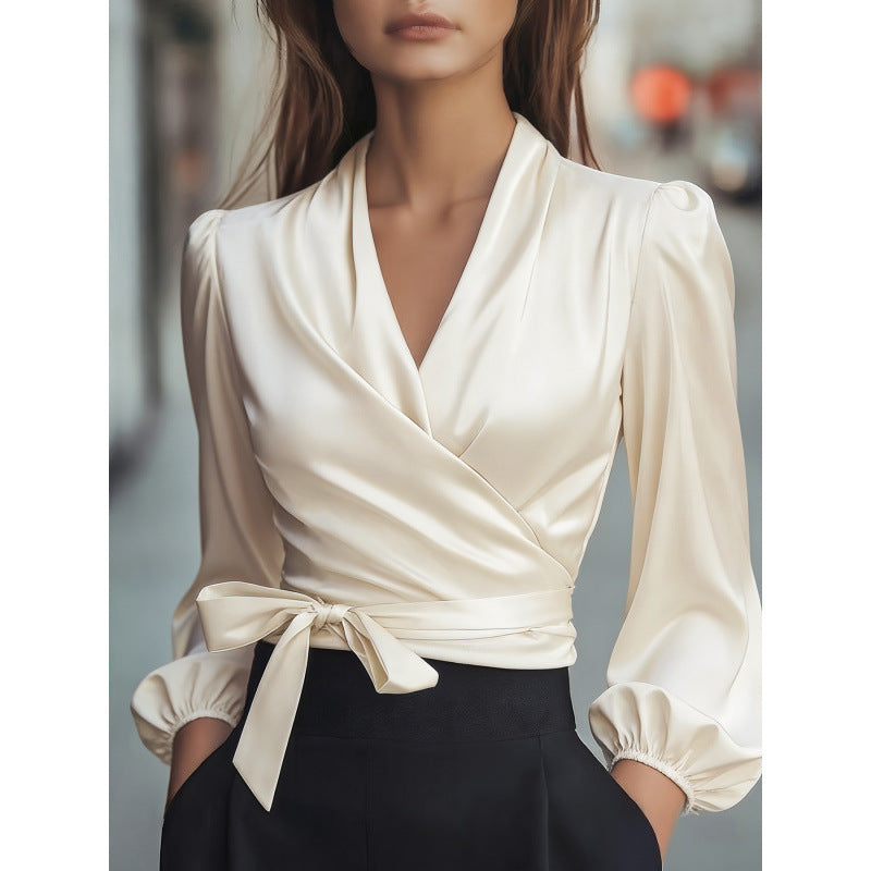 Satin Wrap Blouse V-Neck Tie Waist Puff Sleeve