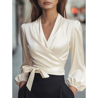 Satin Wrap Blouse V-Neck Tie Waist Puff Sleeve
