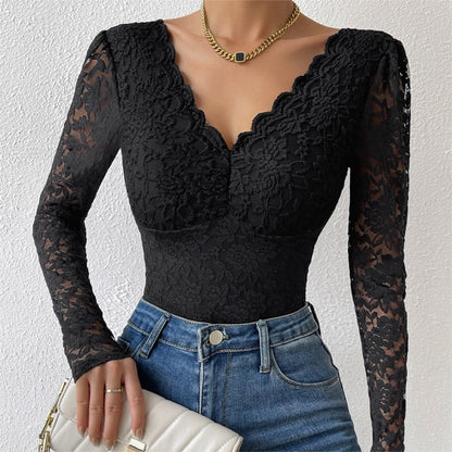 Sexy Sheer Lace Long Sleeve Bodysuit