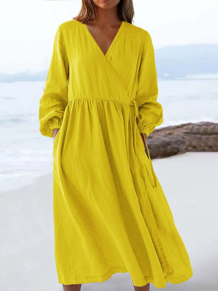 Women's Linen V Neck Long Sleeve Maxi Dress Casual Summer