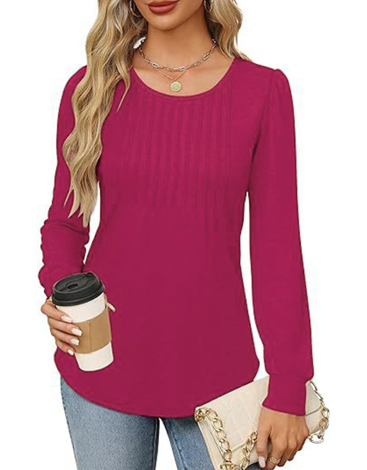 Solid Cotton Pintuck Blouse Long Sleeve Work Top