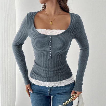 Square Neck Lace Trim Ribbed Button Front Long Sleeve Top