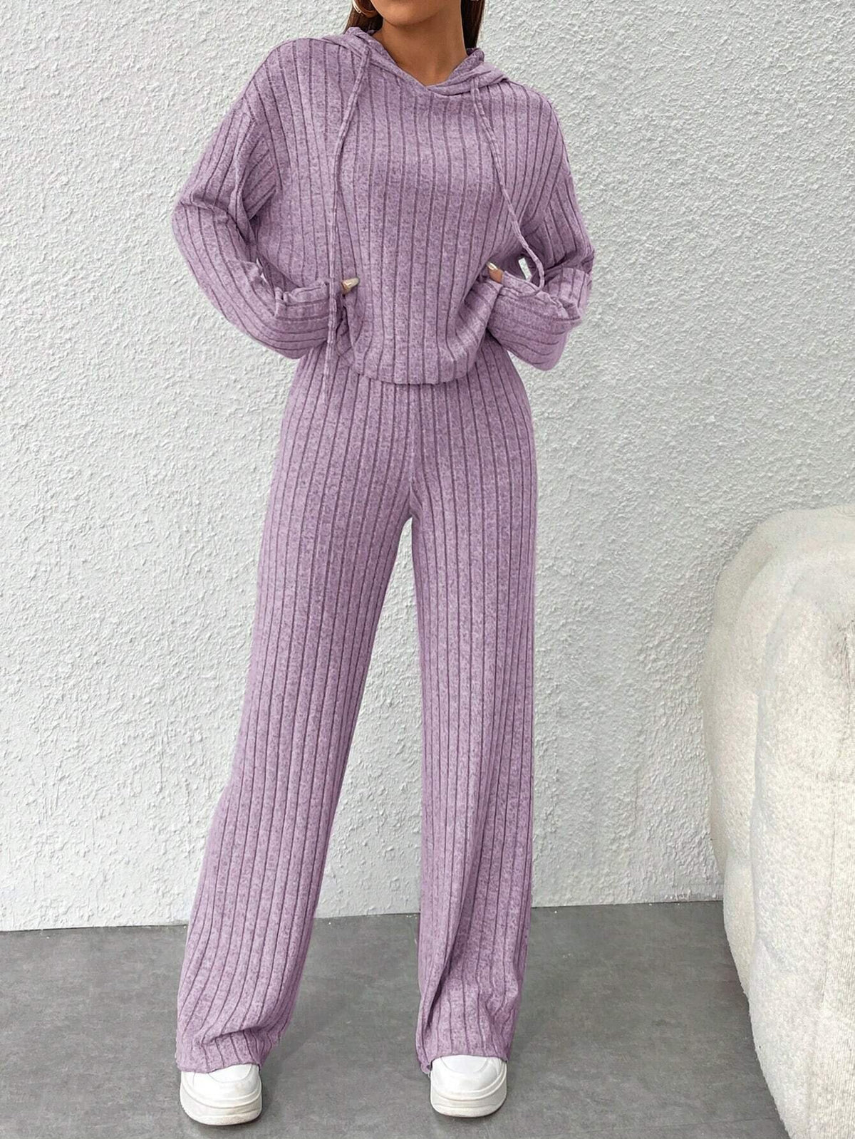 Women's Ribbed Knit Hoodie Wide Leg Pants Lounge Set
