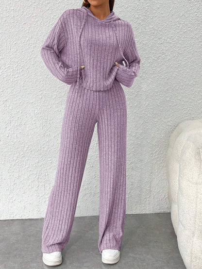 Women's Ribbed Knit Hoodie Wide Leg Pants Lounge Set
