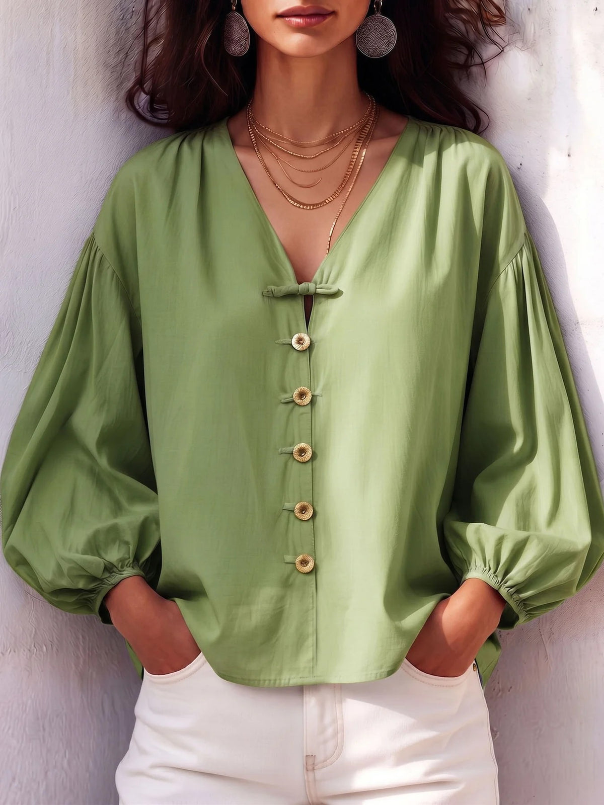 Women's V Neck Balloon Sleeve Button Front Blouse