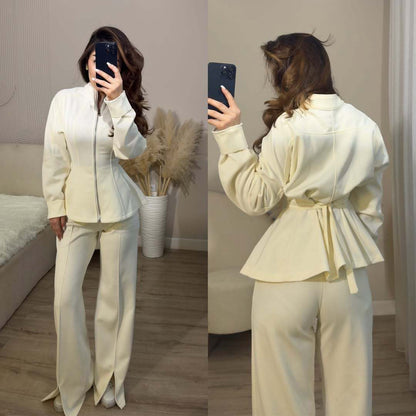 Women's 2 Piece Zip Up Cinched Waist Wide Leg Pants Set