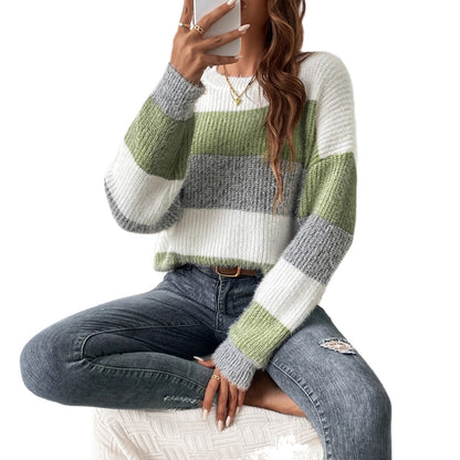 Women's Striped Color Block Crew Neck Knit Sweater