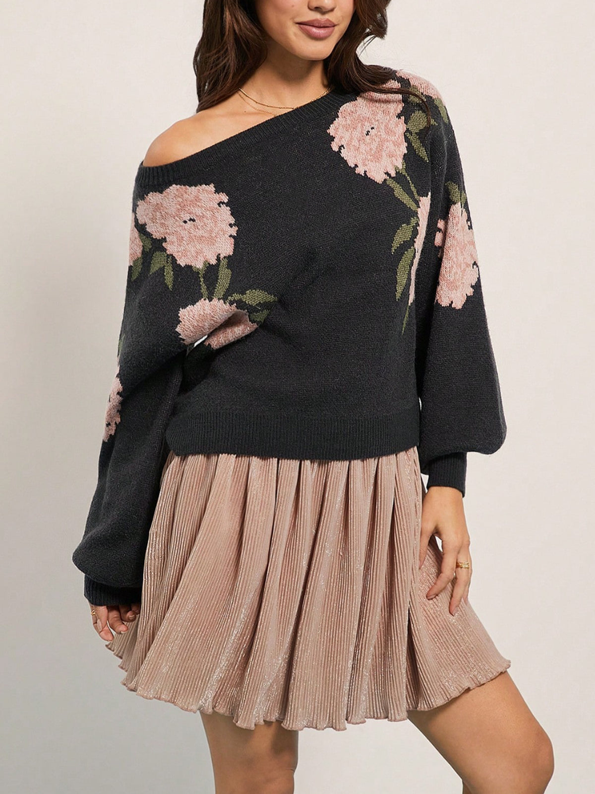 Women's Off Shoulder Floral Sweater Long Sleeve Oversized