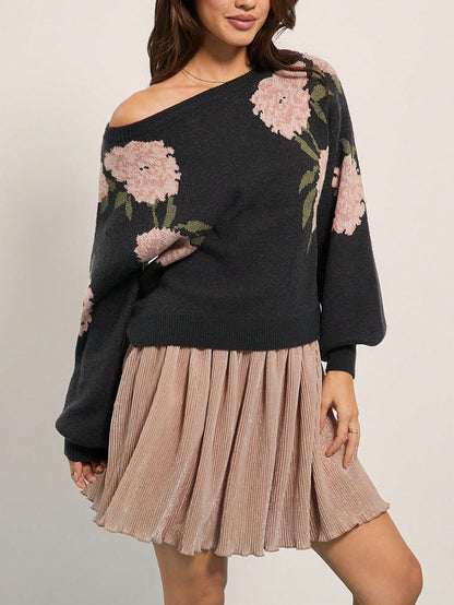 Women's Off Shoulder Floral Sweater Long Sleeve Oversized