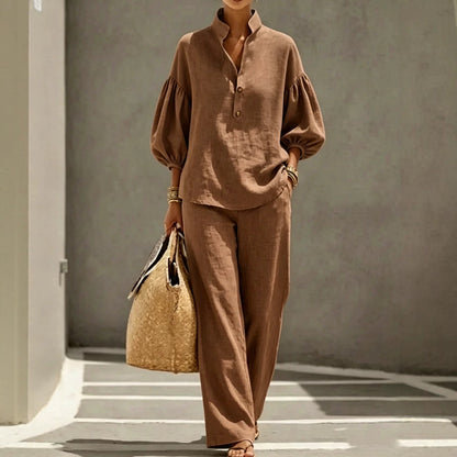 Cotton Puff Sleeve Mandarin Shirt Wide Leg Pants Set