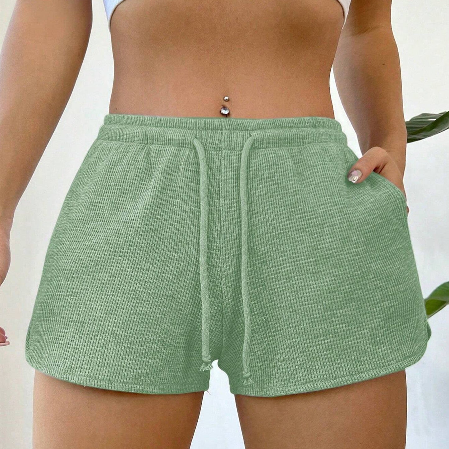 Waffle Knit Drawstring Shorts High Waist Lounge