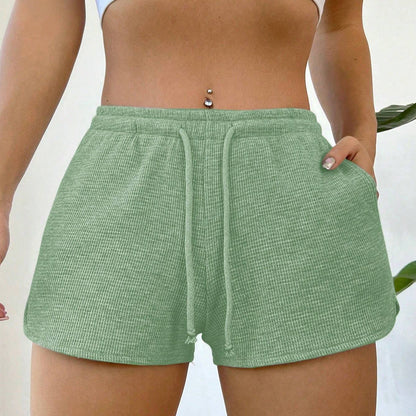 Waffle Knit Drawstring Shorts High Waist Lounge
