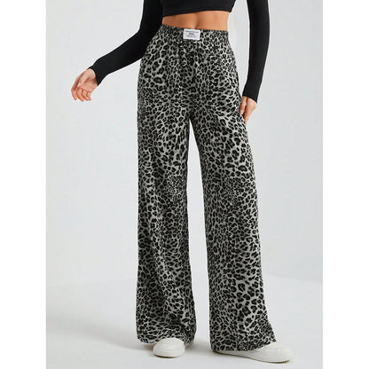 Leopard Print Wide Leg Pants High Waist Casual Trousers