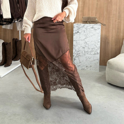 Women's Lace Panel Asymmetrical Bodycon Midi Skirt