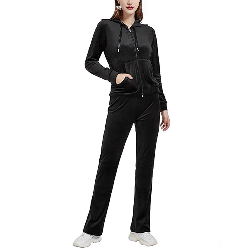Women's Velvet Zip Hoodie Wide Leg Pants Set