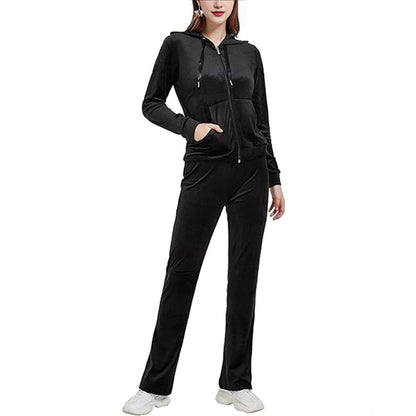 Women's Velvet Zip Hoodie Wide Leg Pants Set