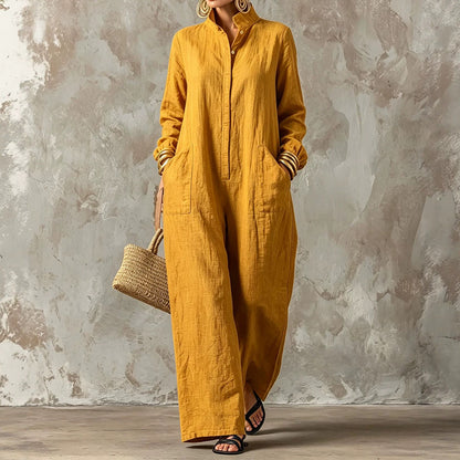 Women's Loose Button Front Wide Leg Long Sleeve Jumpsuit