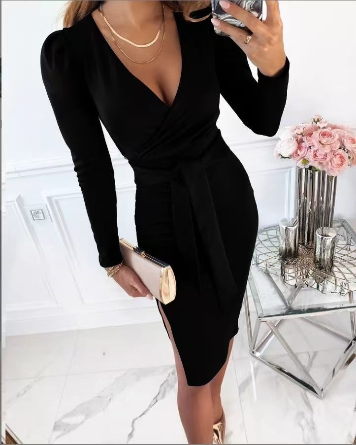 Sexy V Neck Long Sleeve Tie Waist Midi Dress