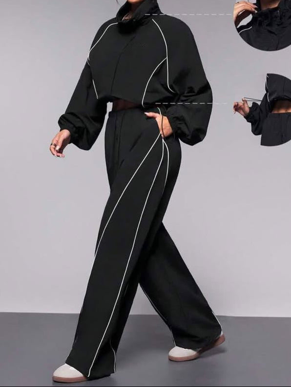 Women's Contrast Drawstring Two Piece Wide Leg Pants Set
