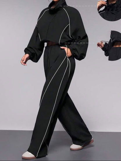 Women's Contrast Drawstring Two Piece Wide Leg Pants Set