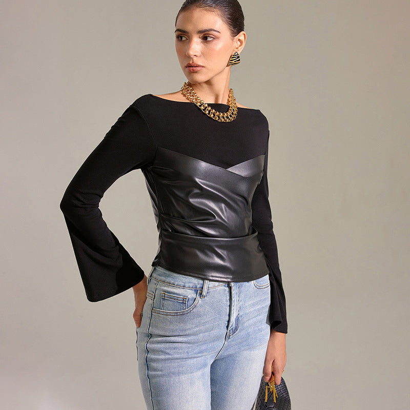 Women's Faux Leather Patchwork Bell Sleeve Fitted Top