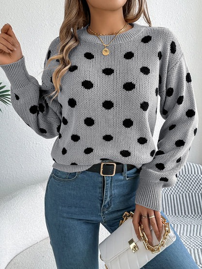 Polka Dot Knit Sweater Long Sleeve Casual Pullover