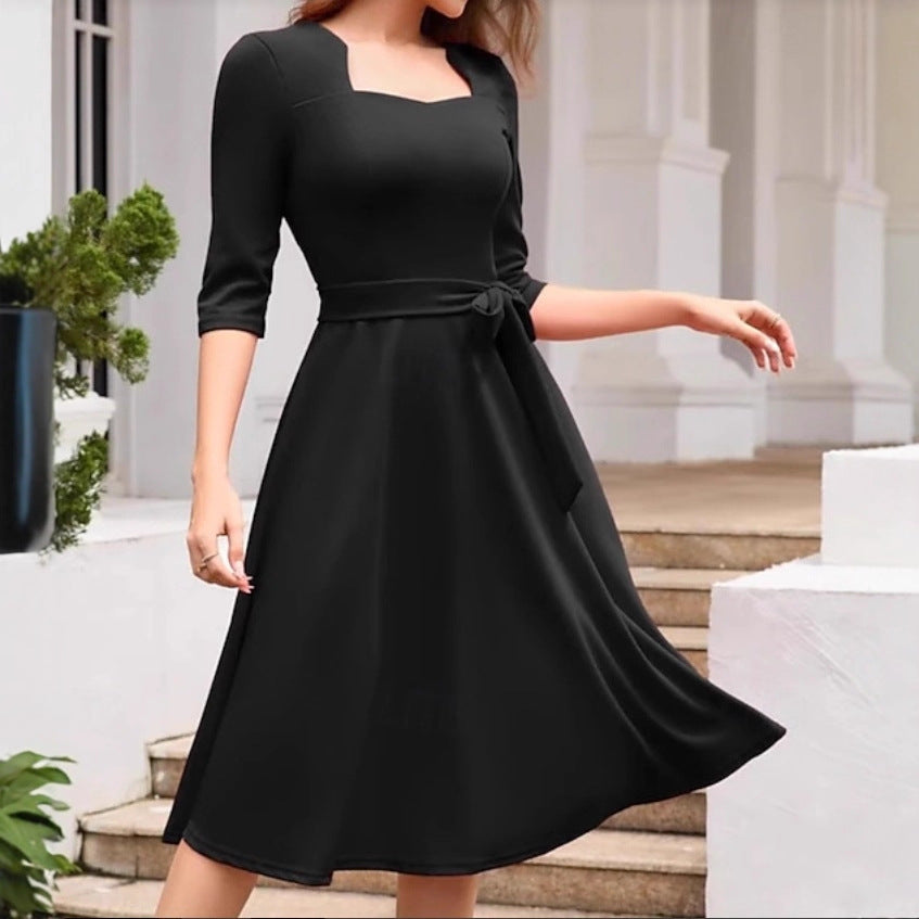 Square Neck Tie Waist A-Line Midi Dress 3/4 Sleeve Elegant