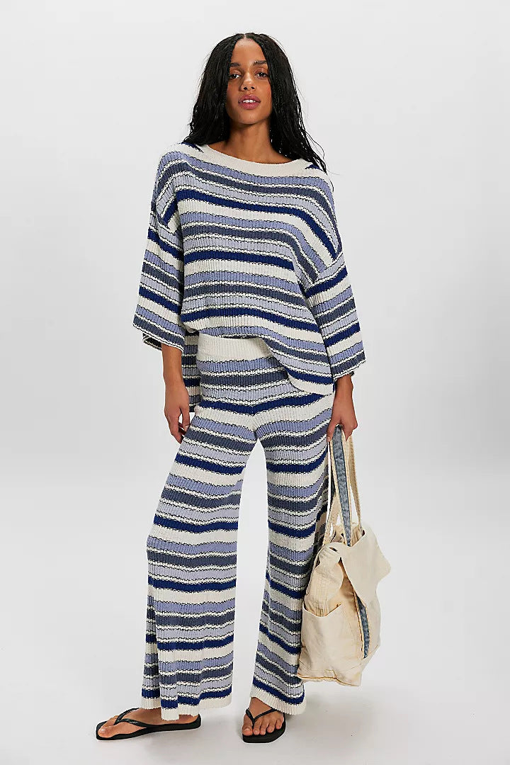 Boho Striped Knit Two Piece Set Wide Leg Pants