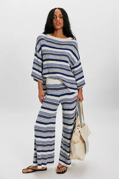 Boho Striped Knit Two Piece Set Wide Leg Pants