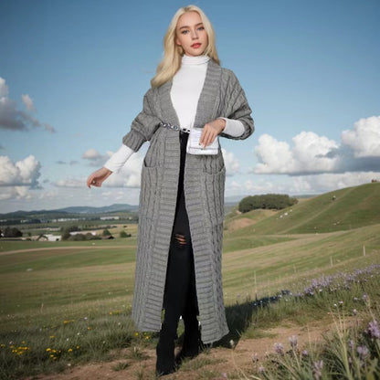 Long Cable Knit Open Front Cardigan with Pockets