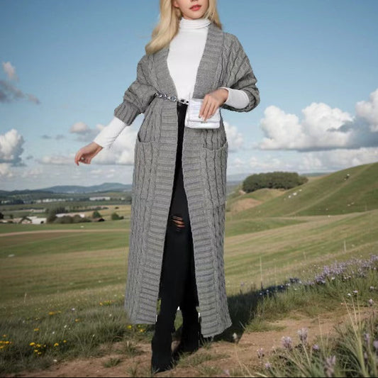 Long Cable Knit Open Front Cardigan with Pockets