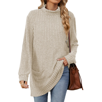 Women's Oversized Ribbed Mock Neck Tunic with Pockets