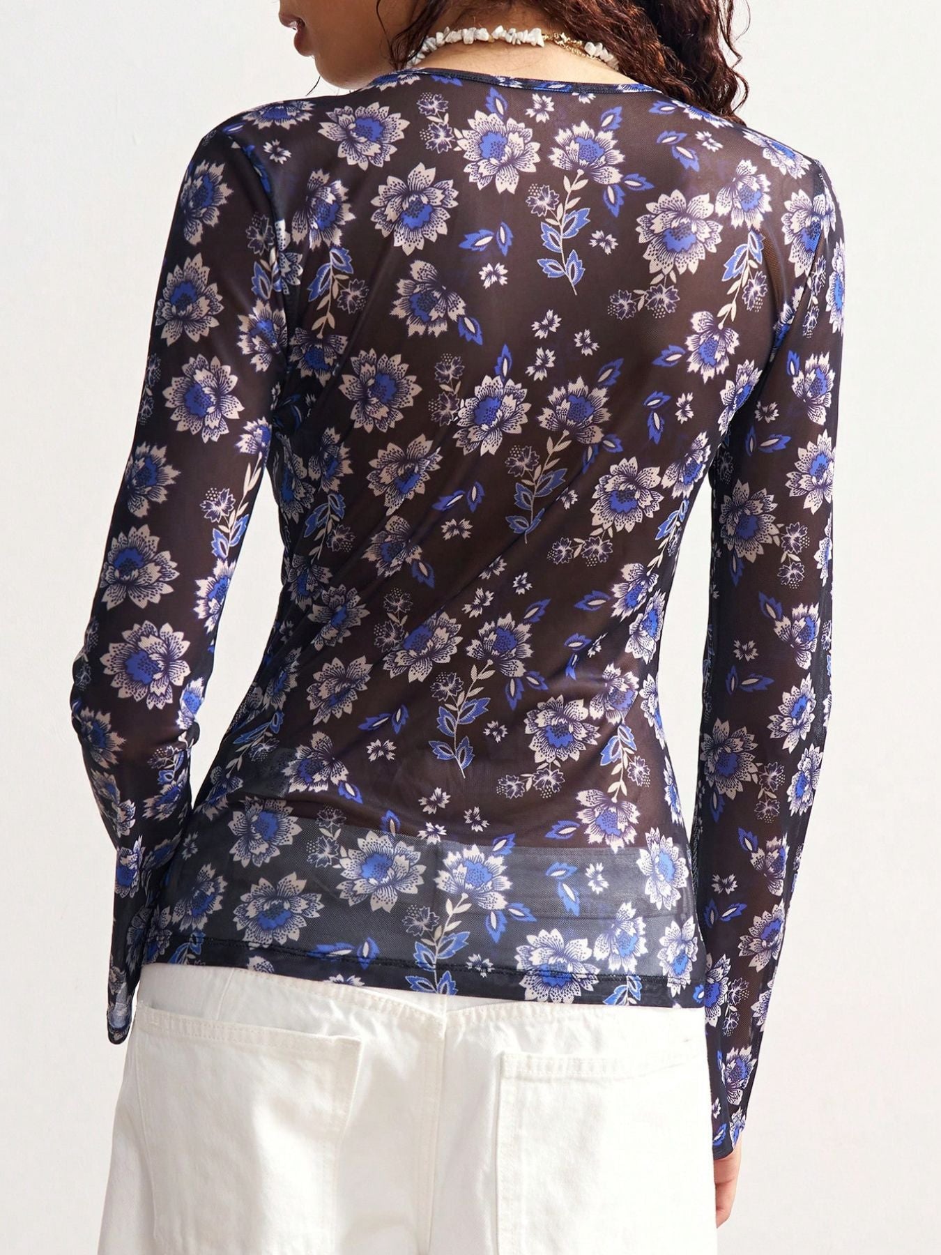 Vintage Floral Print V Neck Button Front Slim Fit Blouse