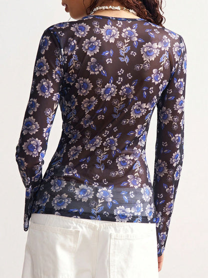 Vintage Floral Print V Neck Button Front Slim Fit Blouse