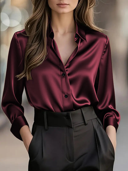 Women's Satin Button Down Shirt Long Sleeve Work Blouse