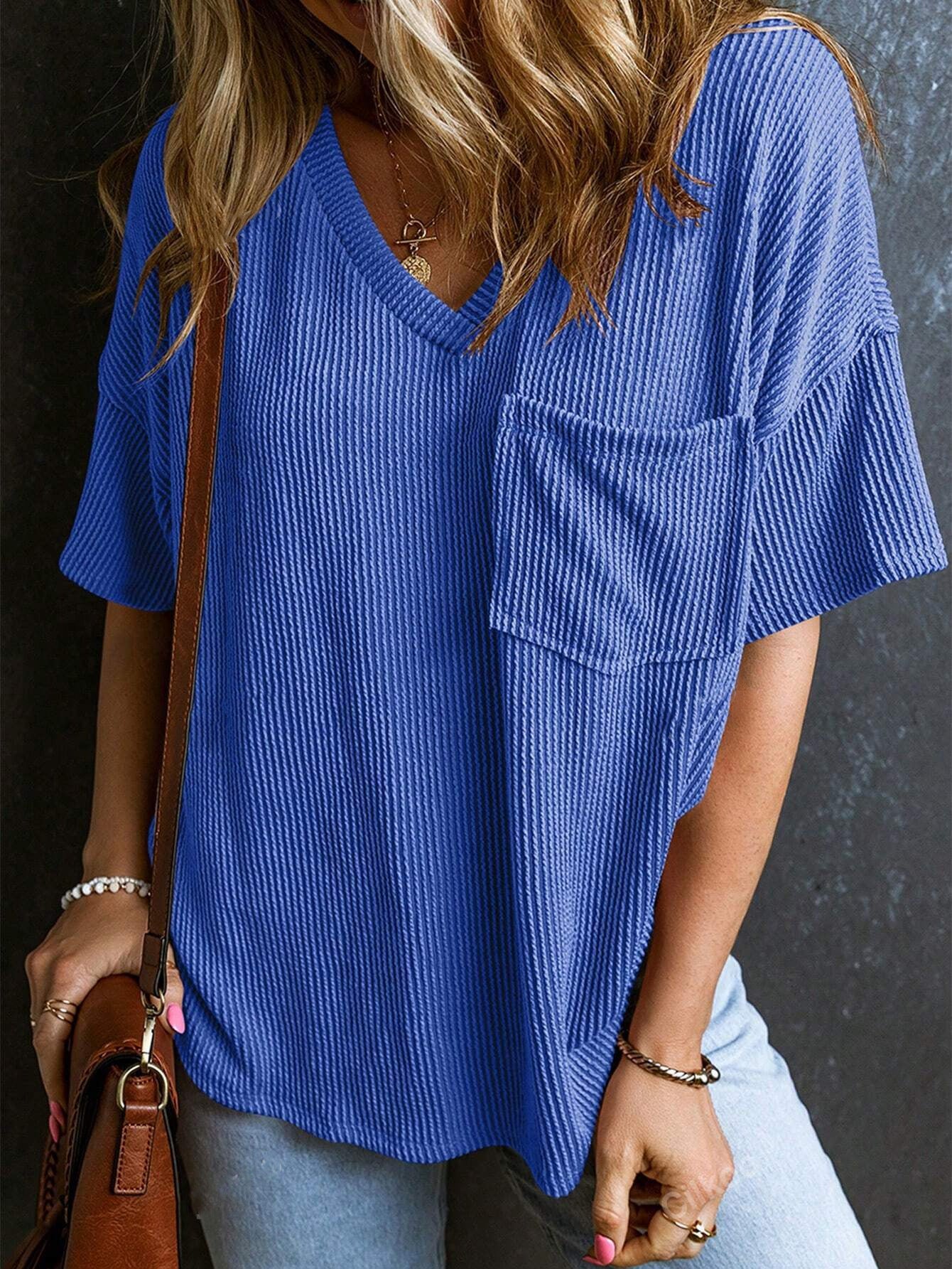 Women’s Ribbed V Neck Short Sleeve Pocket Tee