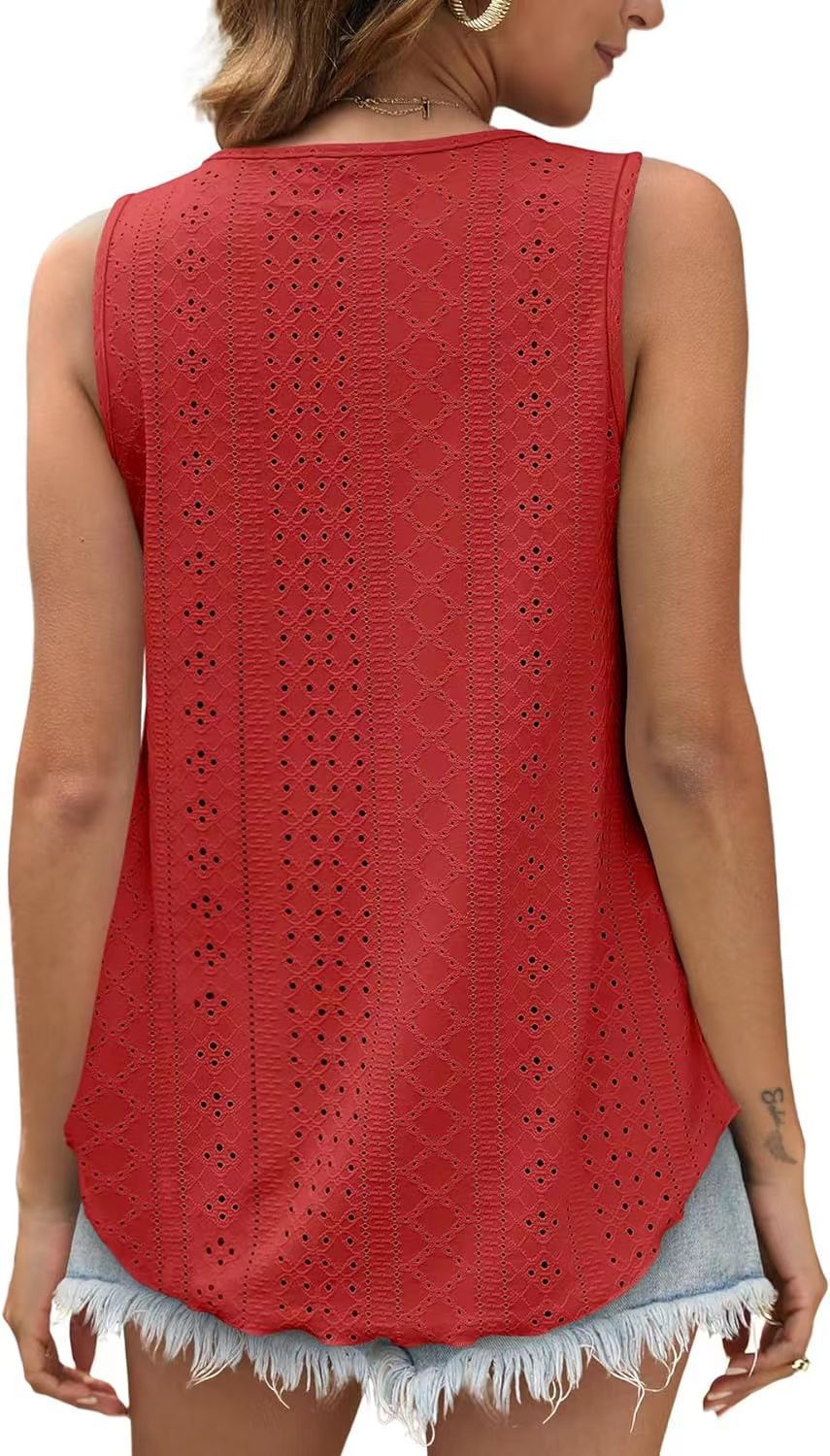Eyelet Knit Tank Top Sleeveless Loose Fit Summer Top