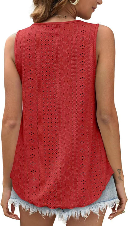 Eyelet Knit Tank Top Sleeveless Loose Fit Summer Top