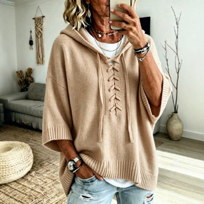 Womens Oversized Hooded Sweater Lace-Up 3/4 Sleeve Pullover
