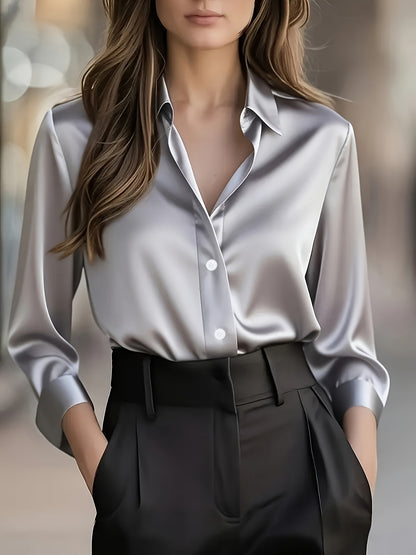 Women's Satin Button Down Shirt Long Sleeve Work Blouse