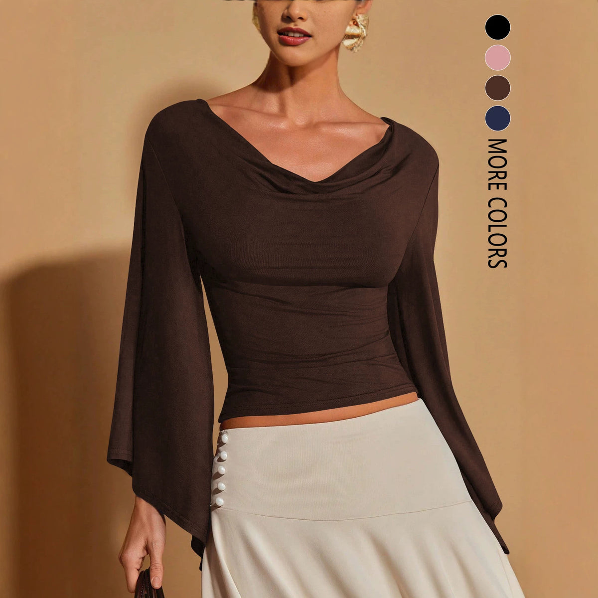 Women's Cowl Neck Flare Sleeve Fitted Top